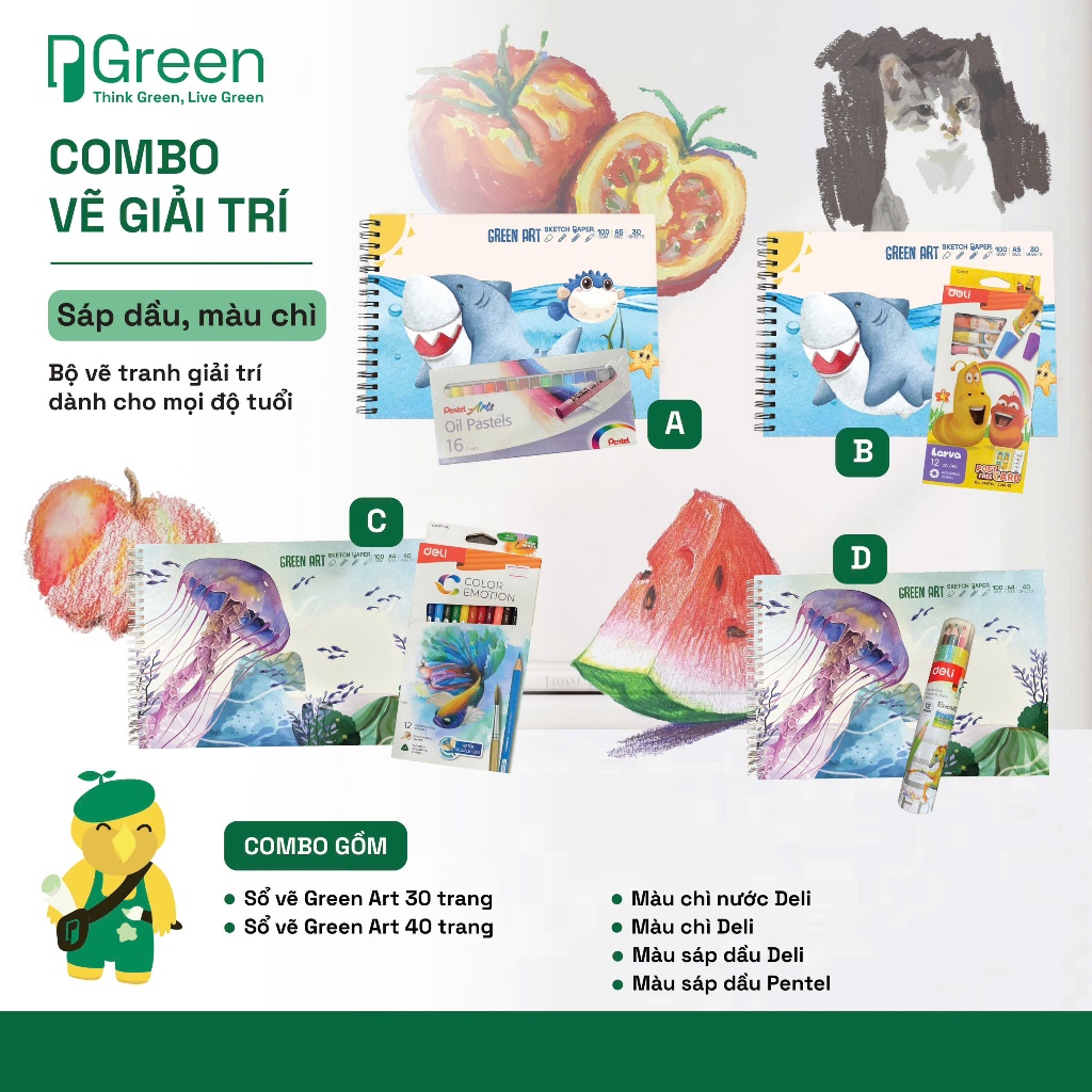 Combo Kid L2 - 4 món Green Art Kèm Sáp Màu Pentel 36 Màu -Tô Màu Mỹ Thuật | PGREEN