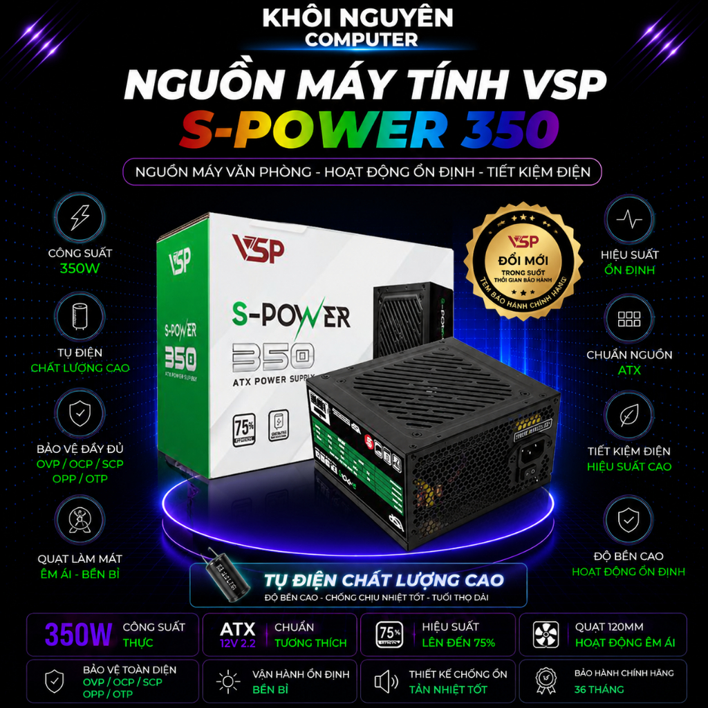 Nguồn Máy Tính VSP S-Power 350W – PSU Chính Hãng 350W, Ổn Định, Quạt Êm Cho PC Văn Phòng