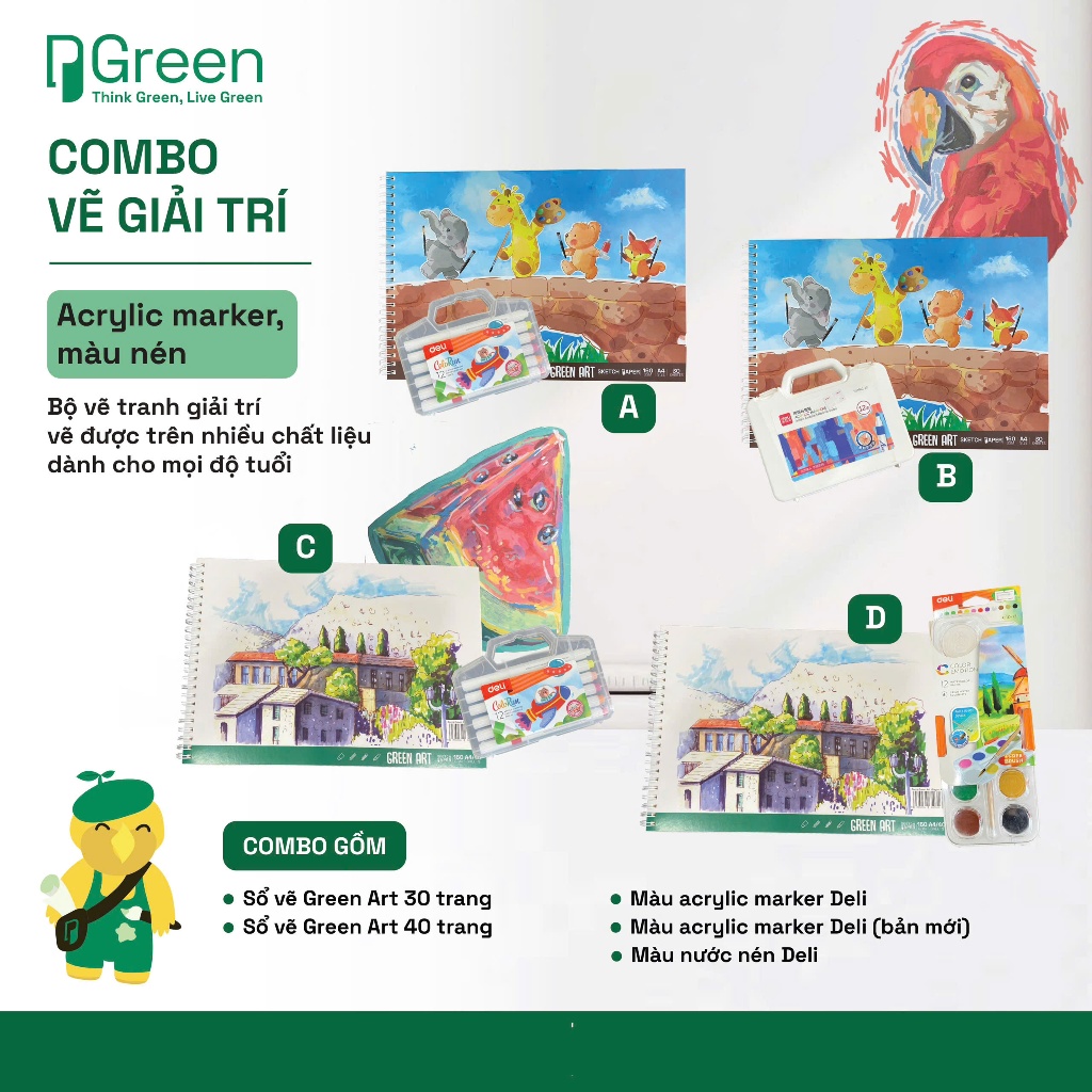 Combo Kid L1 - 4 món Green Art Kèm Chì Màu Deli -Tô Màu Mỹ Thuật | PGREEN