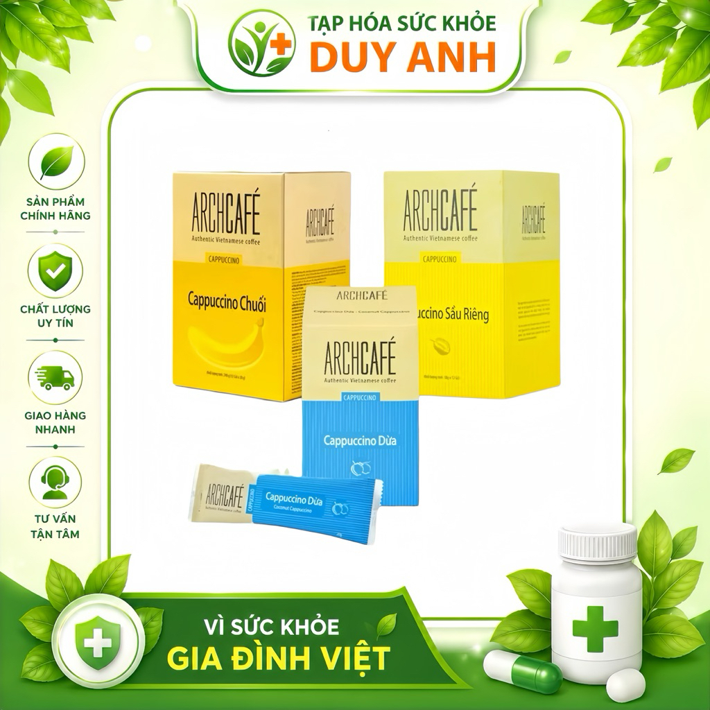 [COMBO 3 HỘP] Hộp 12 gói - Capuchino Vị Trái Cây ArchCafe - Vị Chuối / Sầu Riêng / Dừa - Cà Phê Trái