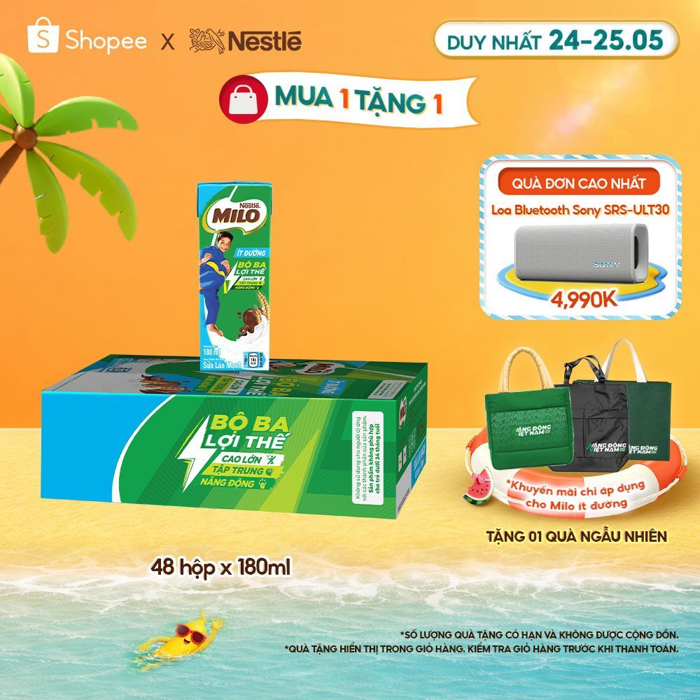 Thùng Sữa lúa mạch Nestle MILO ít đường (48 Hộp x 180ml) | BigBuy360 - bigbuy360.vn