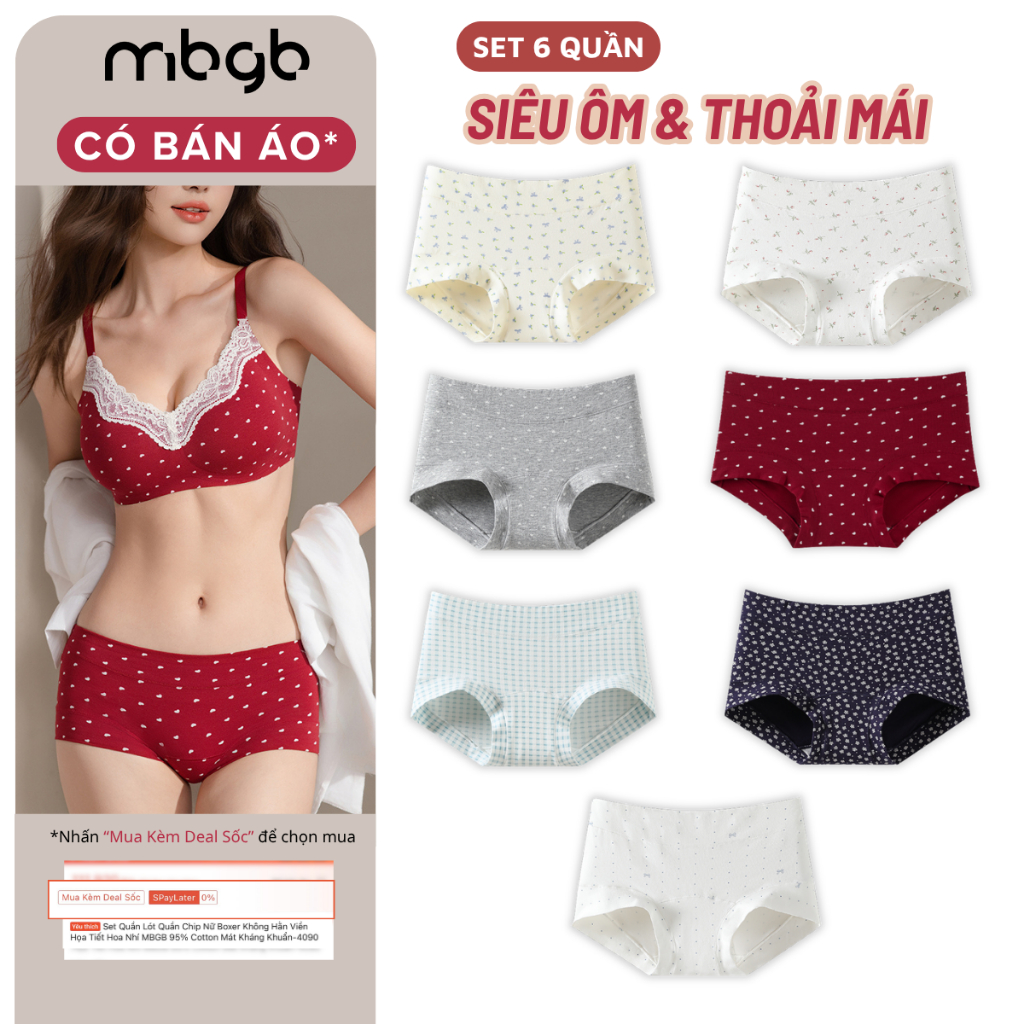 Set 6 Quần Lót Boxer Nữ 95% Cotton MBGB Kháng Khuẩn Chống Hằn Ôm V3 Họa Tiết…