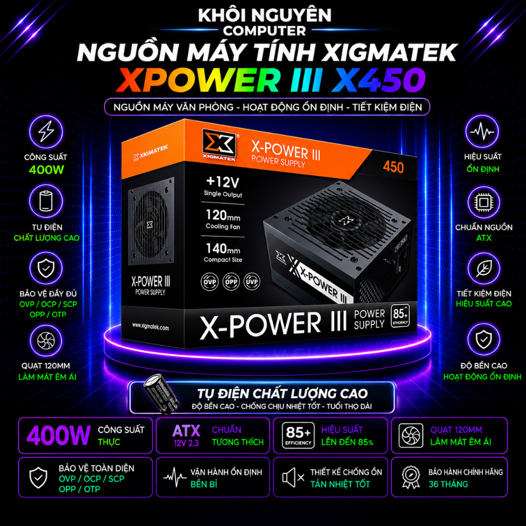 Nguồn Máy Tính Xigmatek X-Power III X-450 400W – PSU Chính Hãng, Ổn Định Cho PC Gaming Nhẹ