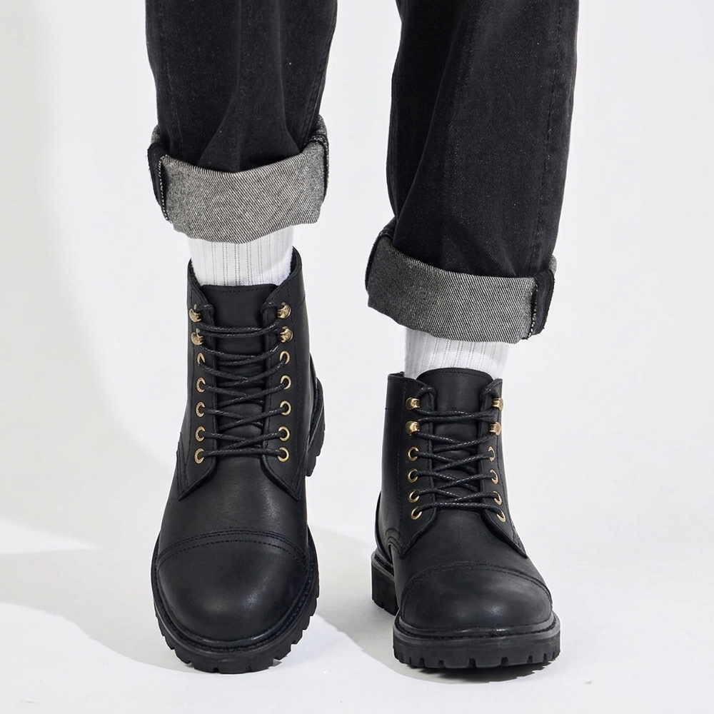 Giày Combat Boot Da Bò Sáp Iron Black J1,Giày Boot Nam Đế Cao Su Bảo Hành 12 Tháng