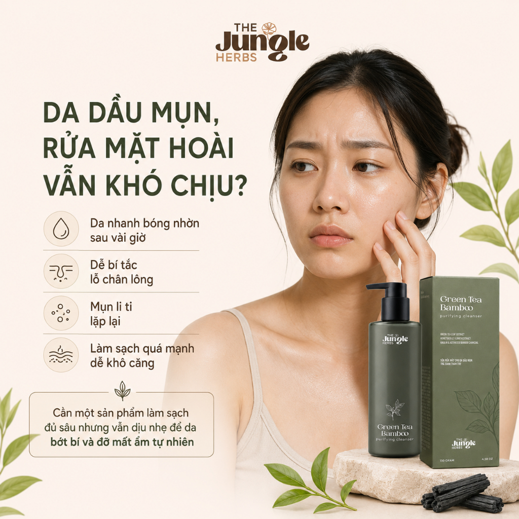 Sữa rửa mặt giảm dầu mụn, sạch sâu, dịu nhẹ Green Tea Bamboo - The Jungle Herbs 130G