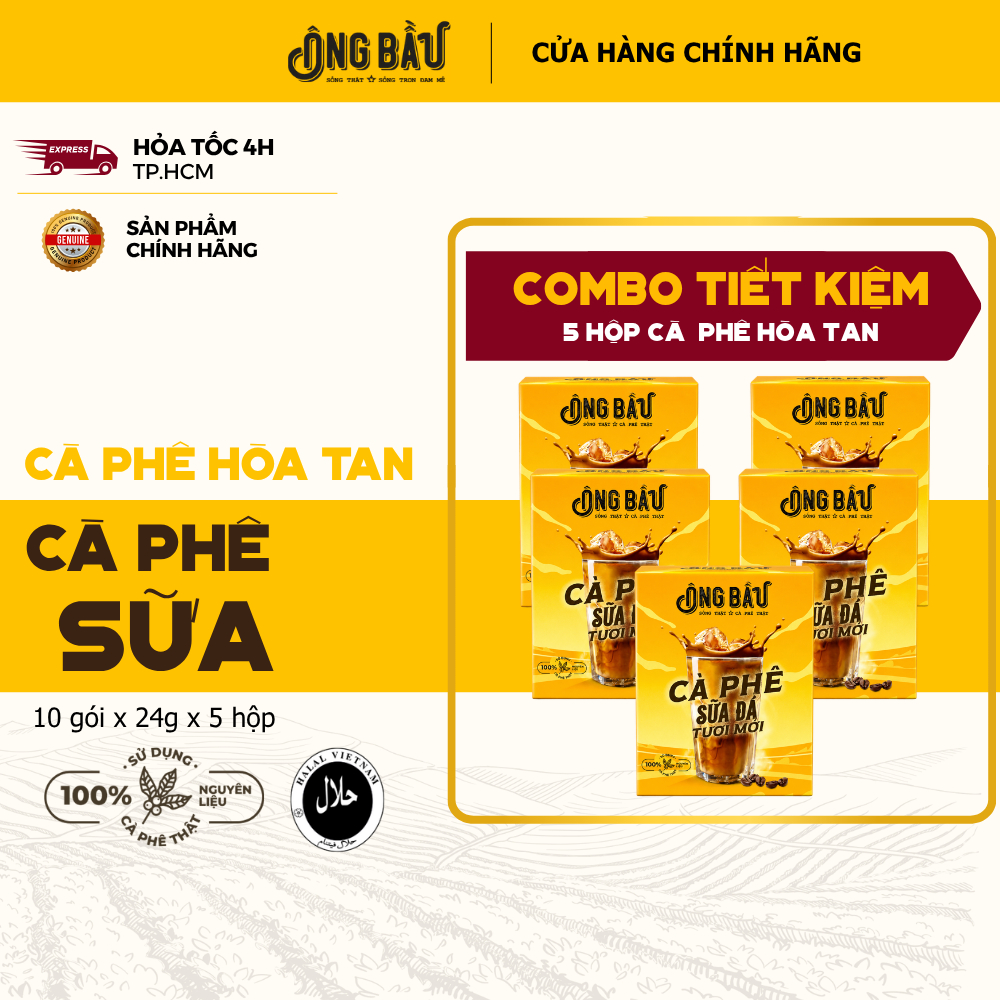 Ông Bầu - Combo 5 Hộp Cà Phê Sữa Đá Hòa Tan Tươi Mới - Hộp 240g (10 gói lẻ)