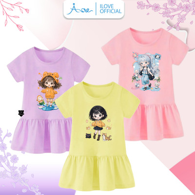 [MỚI] Váy ĐUÔI CÁ cộc tay cho bé gái AORE, Váy in hình Bé Gái ngộ nghĩnh vui tươi chất liệu cotton thoáng mát 8-35kg