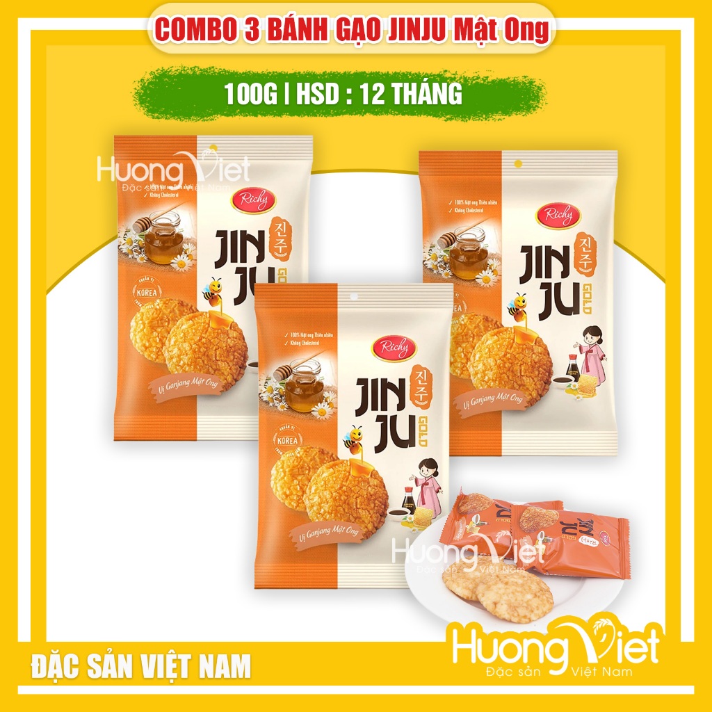 COMBO 3 Bánh gạo JINJU Mật Ong túi 100g | Snack Hàn Quốc thơm ngon