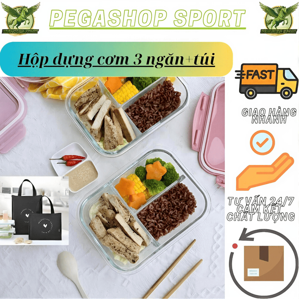 Hộp Thủy Tinh To 3 Ngăn 1040ml, Đựng Cơm Văn Phòng Cao Cấp, Quay Nóng Lò Vi Sóng 3 Màu + Túi đựng.