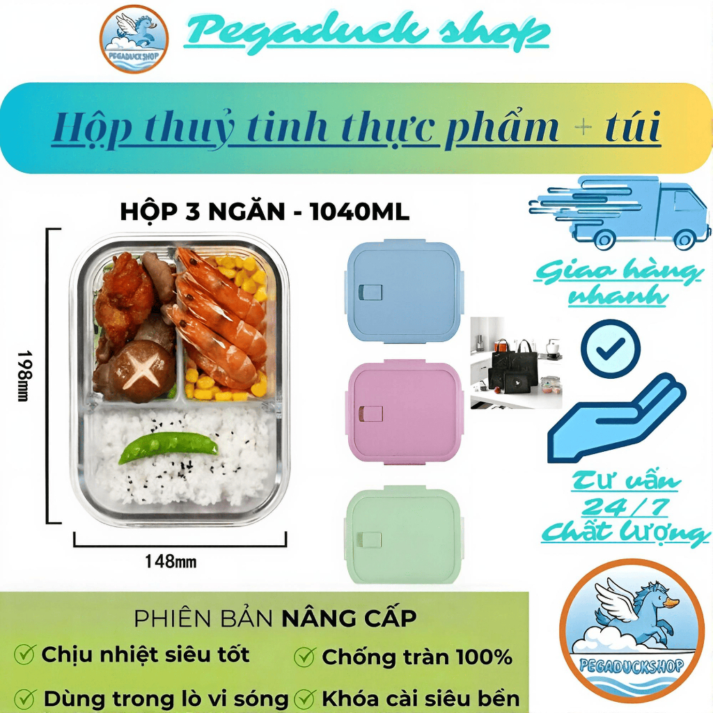 Hộp Thủy Tinh To 3 Ngăn 1040ml, Đựng Cơm Văn Phòng Cao Cấp, Quay Nóng Lò Vi Sóng 3 Màu + Túi đựng.