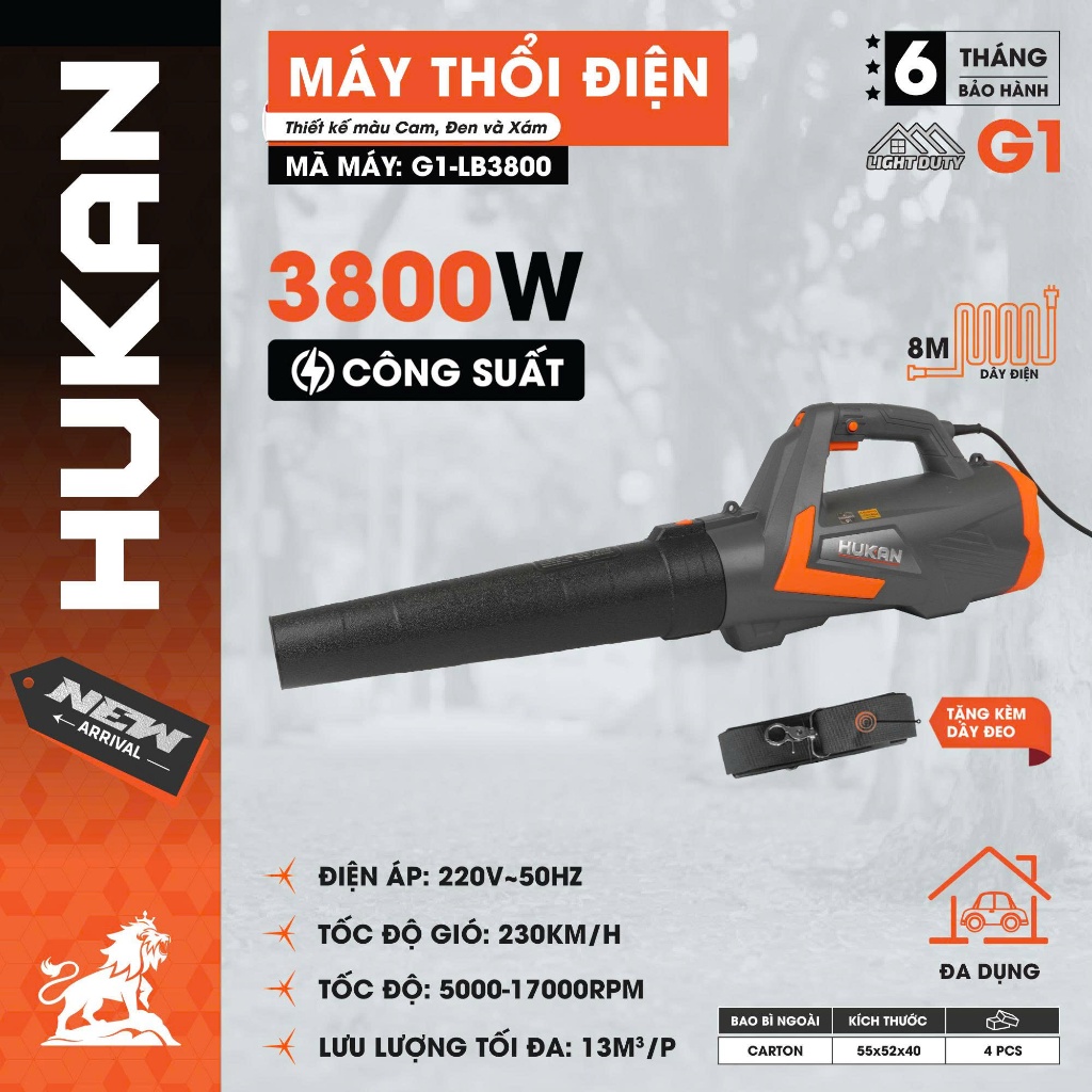 Máy thổi lá dùng điện Hukan G1-LB3800,Công suất 3800W,6 cấp chỉnh gió,Dây điện dài 8M