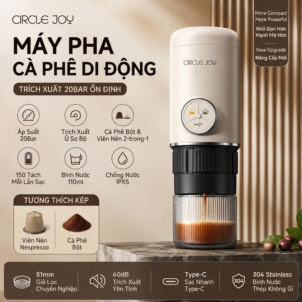 CIRCLE JOY Máy Pha Cà Phê Espresso Cầm Tay 20Bar | Máy Pha Cafe Mini Du Lịch Dùng Bột & Capsule