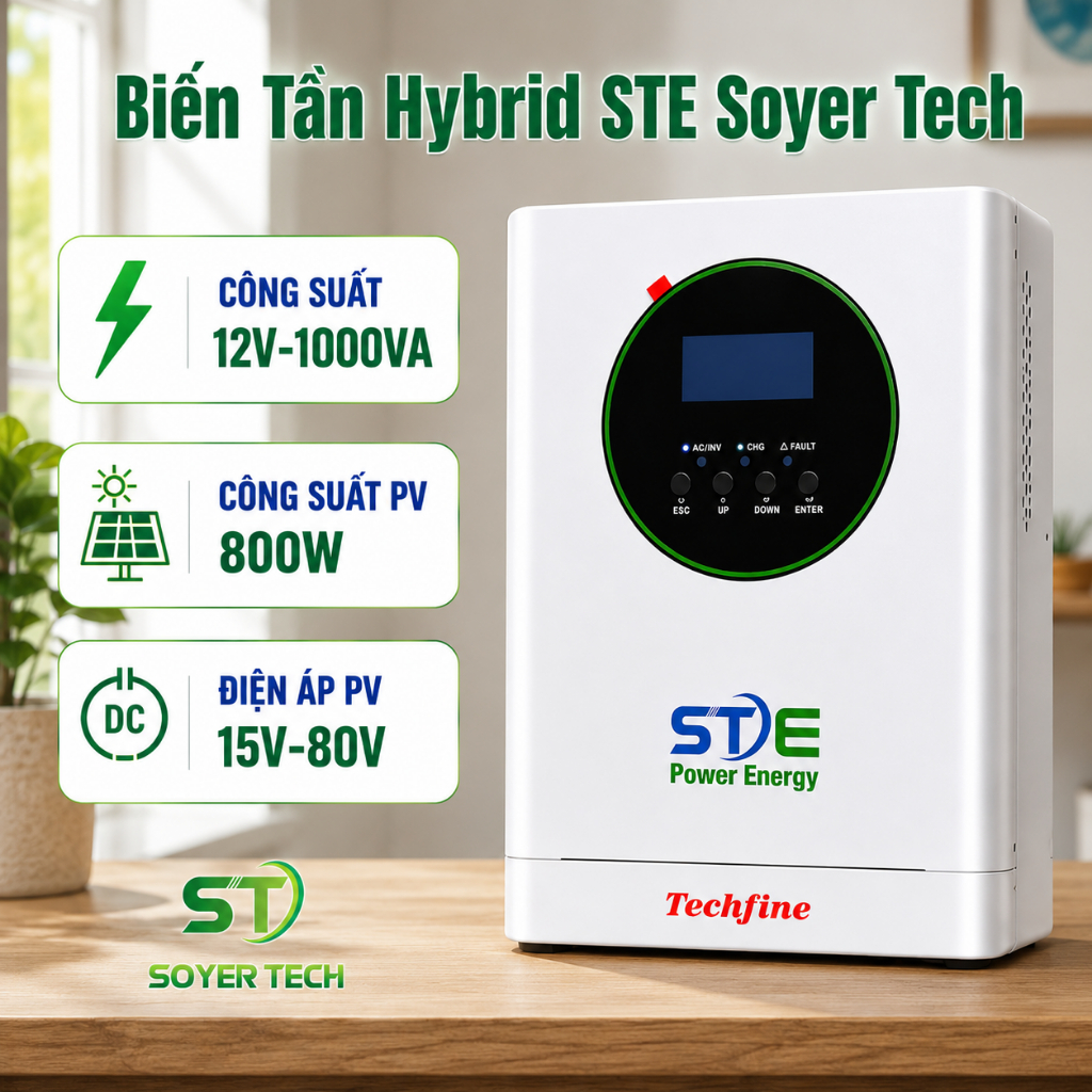 Biến Tần Inverter Hybrid STE 1000VA 800W 12V STE1012P Sóng Sin Chuẩn | Sạc AC 21A | MPPT Solar 800W