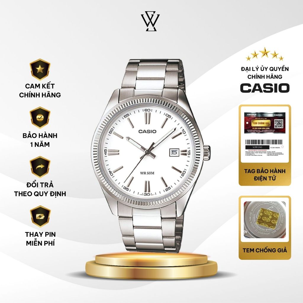 Đồng Hồ Nam Casio MTP-1302D-7A1VDF Mặt Trắng Dạ Quang Kính Khoáng 38.5mm Chống Nước Dây Kim Loại Khô