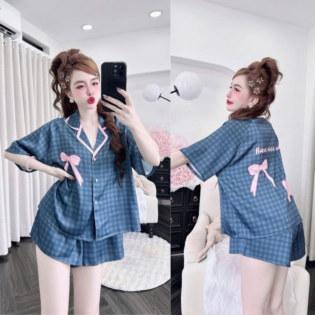 M18 Đồ Ngủ Pijama , Đồ Ngủ Pijama Croptop lụa Latin cao cấp mềm mại xinh xắn < 65KG