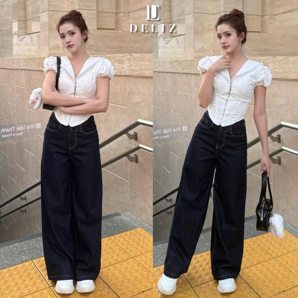LIVE - Quần jean cạp cao ống rộng cao cấp tôn eo phong cách retro đường phố năng động J412 DELIZ