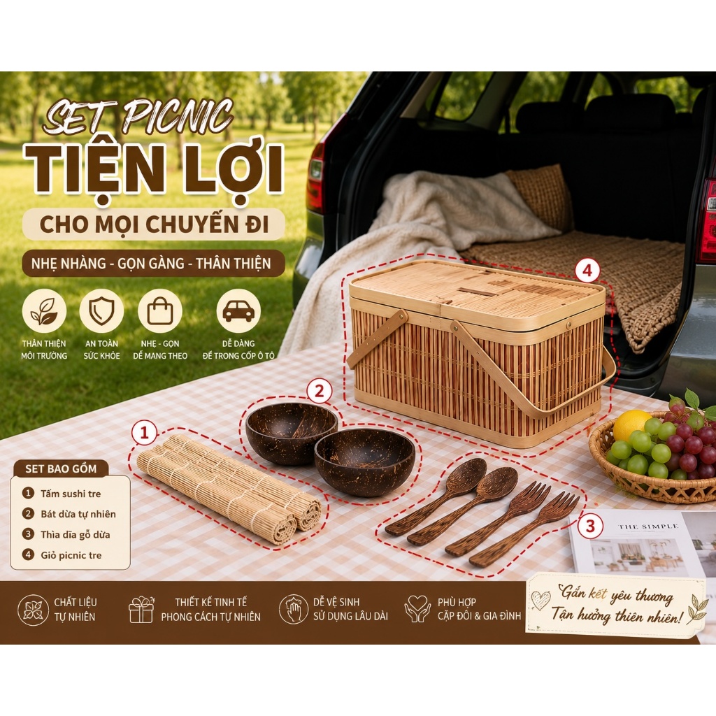 Set Giỏ Picnic Tre Cao Cấp Kèm Bát Dừa & Tấm Sushi – Dùng Picnic, Camping, Đi Biển