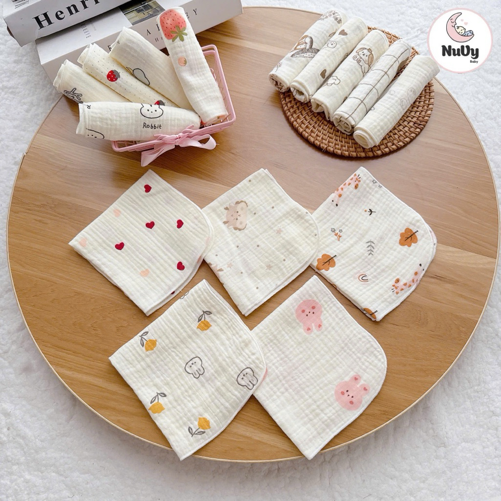 combo 5 khăn sữa muslin cho bé trơn có hình