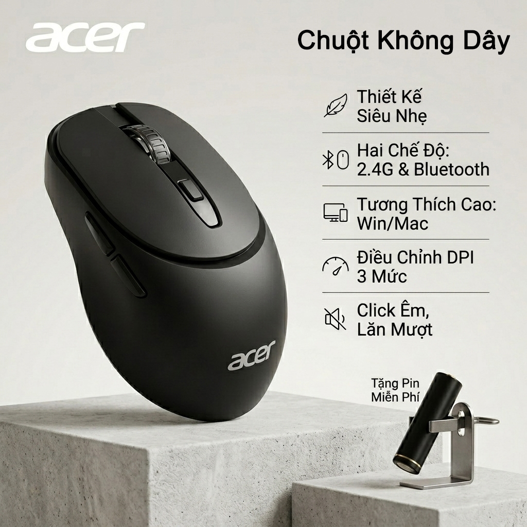Chuột Không Dây Acer OMR295 Bluetooth + 2.4G | Chuột Wireless Công Thái Học Silent Click