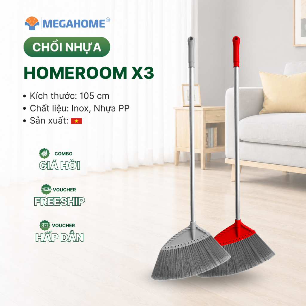 Chổi HomeBroom X3 Megahome thân cây inox, cước mềm mại thích hợp quét sàn khô và sàn ướt