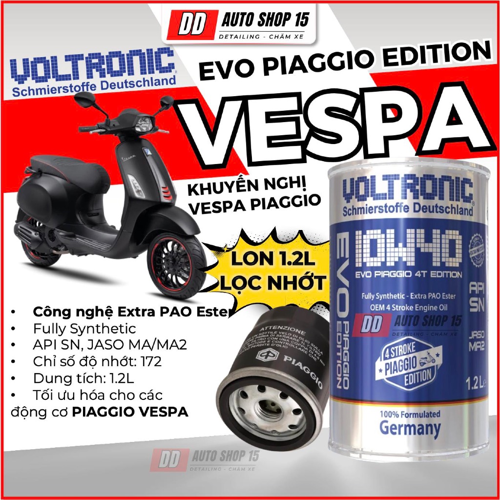 Nhớt Voltronic Phiên Bản Vespa, Voltronic EVO Piaggio 4T Edition 10W40 1.2L, Voltronic Vespa 1.2L - 