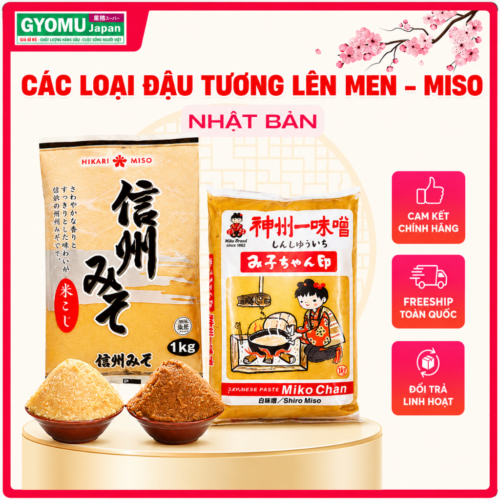Đậu tương lên men Miko Chan 1kg, tương miso đỏ ,miso trắng, miso hỗn hợp 1kg Nhật Bản - Gyomu Japan