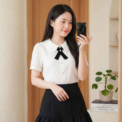 Áo sơ mi kiểu nữ Twentyfive hai lớp chất tơ có lót, phối cổ sen đính nơ AH128