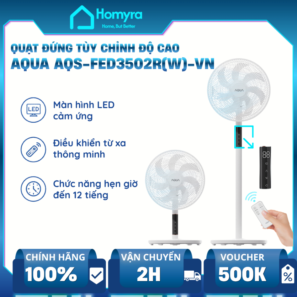 Quạt Đứng AQUA AQS-FED3502R 7 Cánh, Remote, Êm Cho Phòng Ngủ, Hẹn Giờ 12H