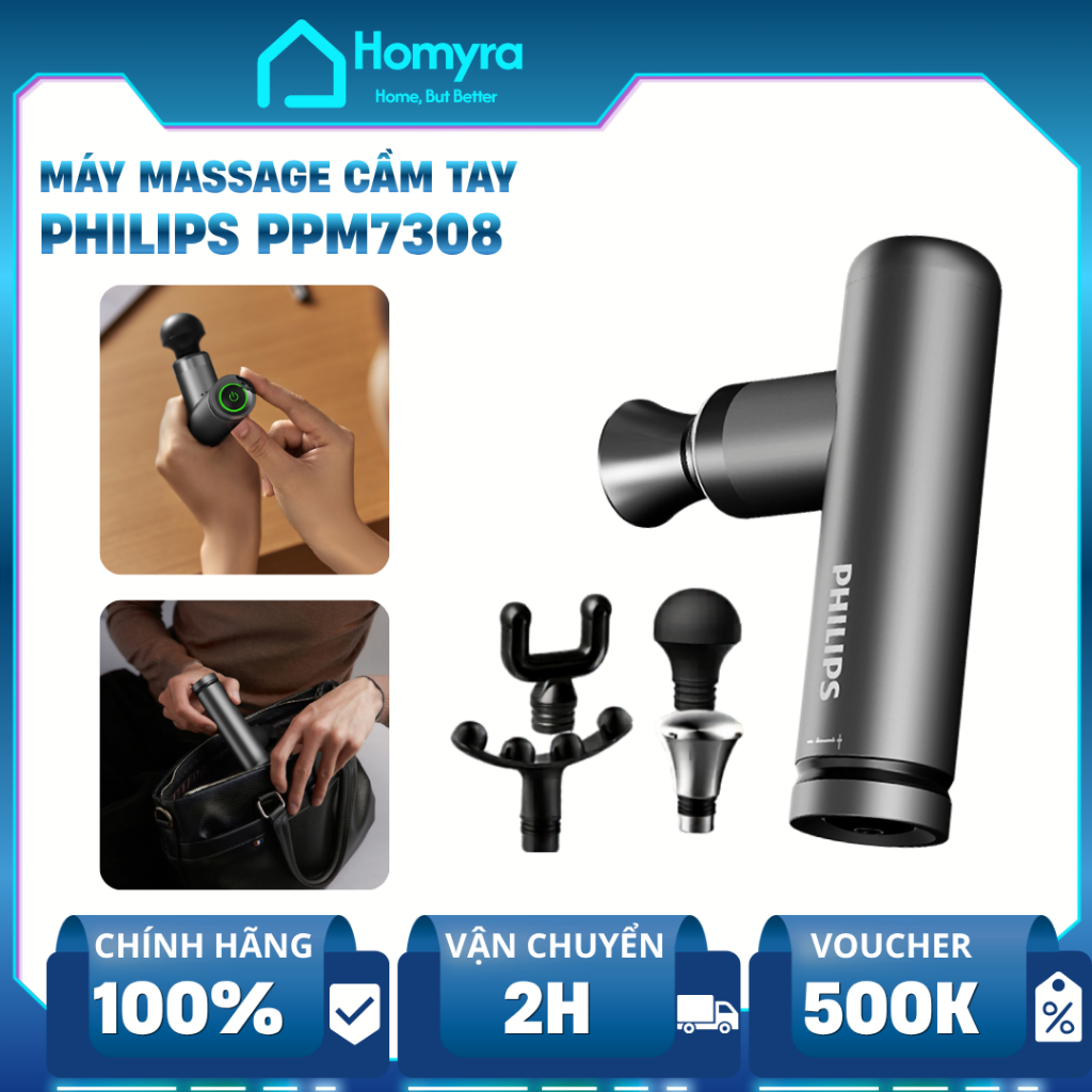 Máy Massage Cầm Tay Philips PPM7308 Mini 4 Đầu, 5 Cấp Độ, 3200 Vòng/Phút, Pin 1500mAh, Nhỏ Gọn