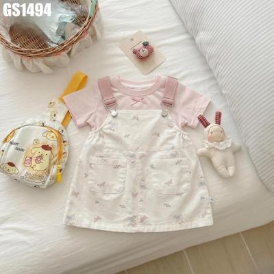 Set Áo Thun Tay Ngắn Váy Yếm 2 Túi Họa Tiết Bướm Cho Bé Gái 1-8 Tuổi MINTSCLOSET Quảng Châu - GS1494