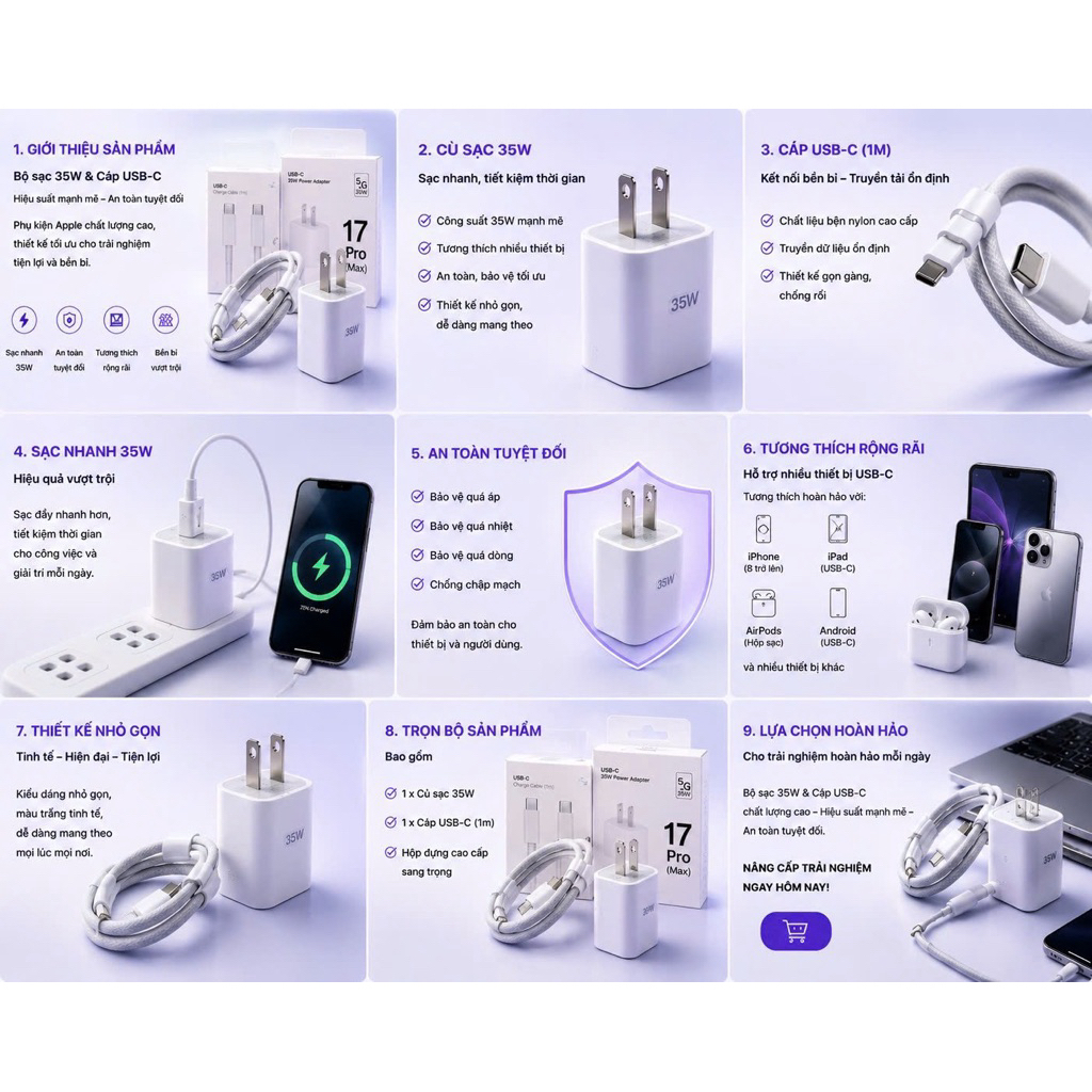 ⚡ BỘ CÁP SẠC NHANH 35W ⚡ 📱 Hỗ trợ iPhone 15 – 16 – 17 Pro Max 🔋 Sạc nhanh ổn định – đầy pin nhanh ch