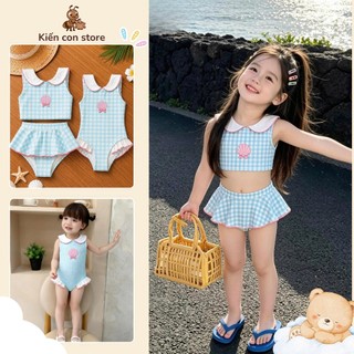 Đồ bơi bé gái liền thân, bikini bé gái, đồ đi biển màu xanh pastel set 1 mảnh và 2 mảnh cổ sen dễ thương (10-34kg)