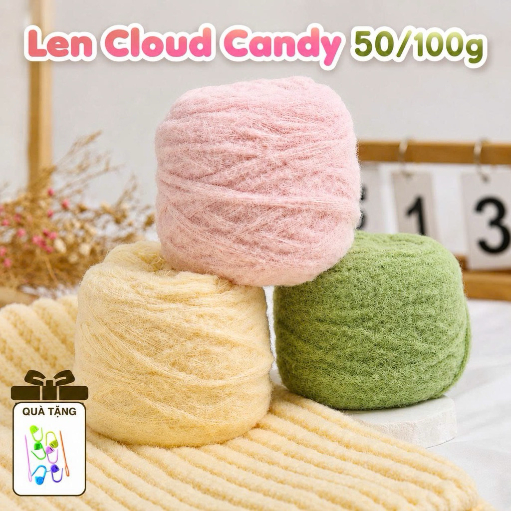 Len Cloud Candy 50gr Siêu Mềm Mịn, Len Chập 6 Bông Nhẹ Dệt Khăn Áo, Mũ ,Chăn,…Handmade