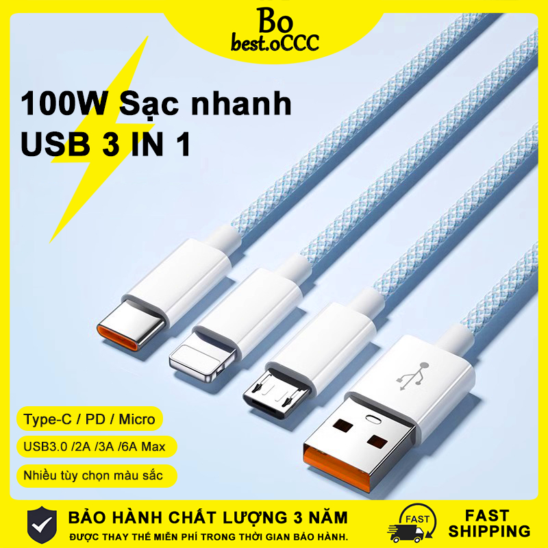 ★Dây sạc 3 in 1★100W cáp sạc nhanh  3 trong 1 USB sạc 5V /9V /1A /2A /2.5A /3A /20W /30W /45W /65W /