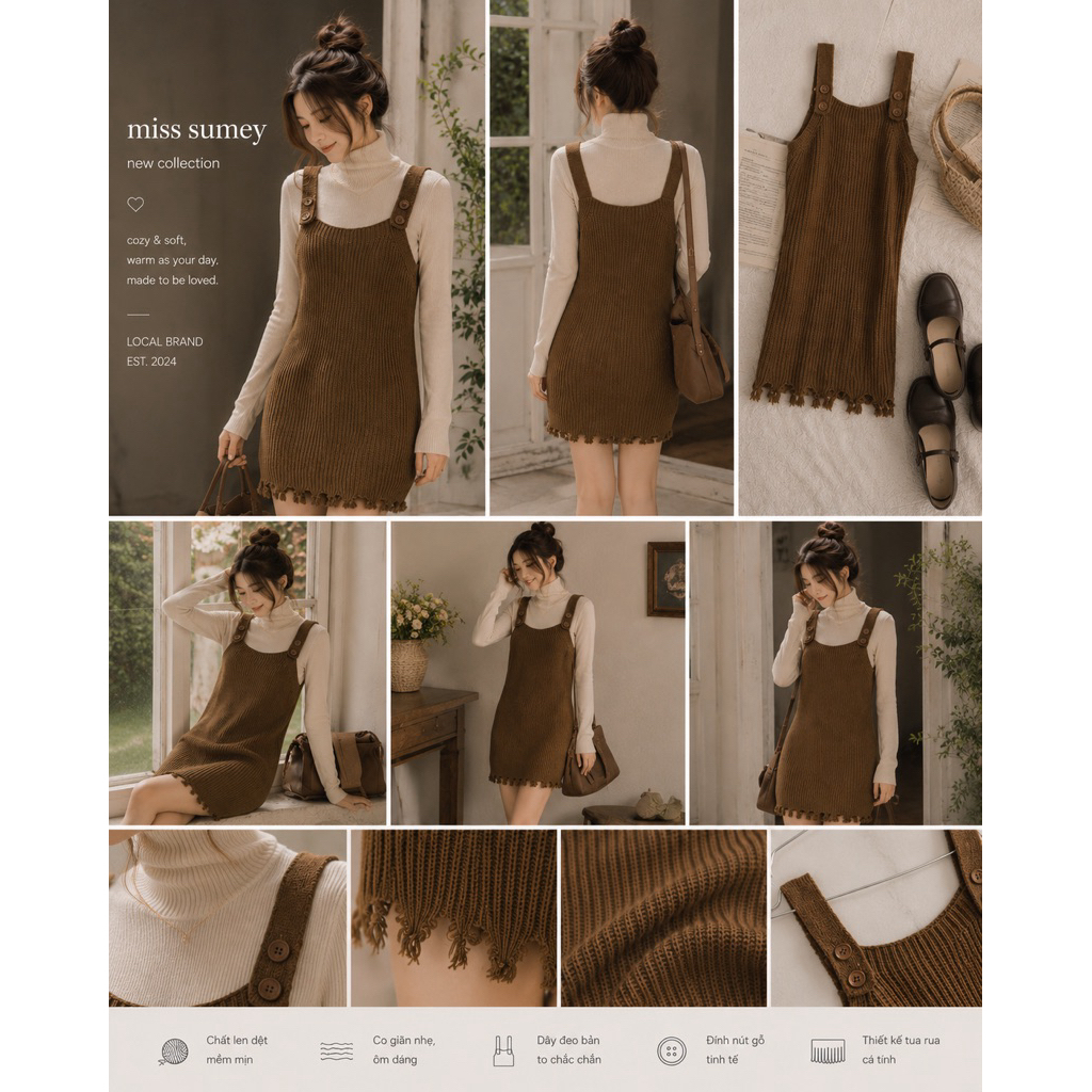 COZY KNIT DRESS | Đầm Len Dệt Nâu Phối Cổ Lọ Vintage Local Brand