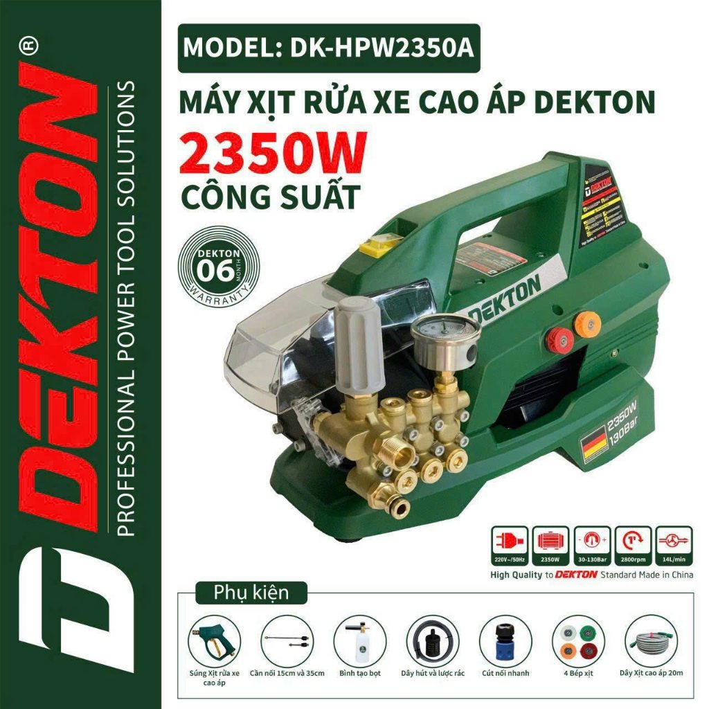 Máy Rửa Xe Cao Áp Công Nghiệp DEKTON DK-HPW2350A Công Suất 2350W - Kèm 4 Đầu Bép Lưu Lượng 14L/Phút 