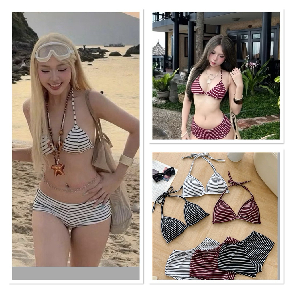 [Hoả Tốc-HN] Bikini Set 2 Mảnh Sọc Đi Biển Quần Đùi+Áo Tam Giác Có Sẵn Mút | BigBuy360 - bigbuy360.vn