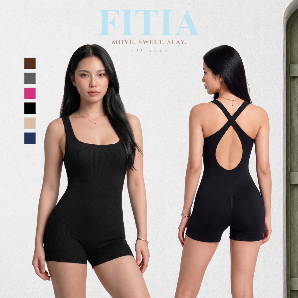 Jumpsuit Short Nữ Đồ Tập Gym Yoga Pilates Fitia FIT01 Hở Lưng Dây Chéo Vải Gân Tôn Eo