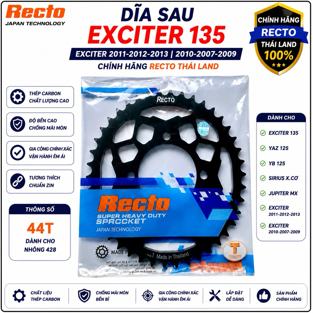 Dĩa sau 44 răng exciter 135,yaz 125,yb 125,sirius x.cơ,jupiter mx,exciter 2011-2012-2013,exciter 201