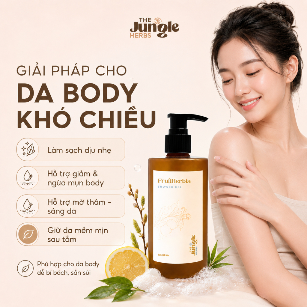 Sữa tắm chiết xuất thảo mộc sáng da, mờ thâm, giảm mụn lưng, body FruitHerbia - The Jungle Herbs