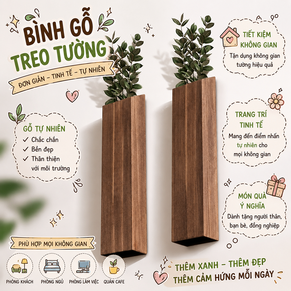 Kệ lọ hoa treo tường bằng gỗ dùng decor nhà cửa, homestay, cafe nhà hàng khách sạn
