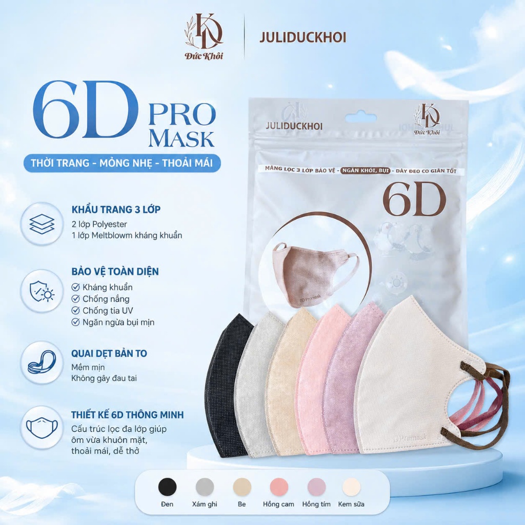 Combo 60 chiếc Khẩu trang 6D JULI Promask Mẫu Thời Trang Mới Cực Sang, Xịn, Mịn