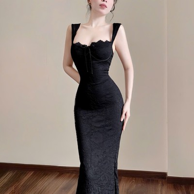 Đầm thiết kế body ren dáng dài cột nơ sang trọng thời trang Callene (L2929)