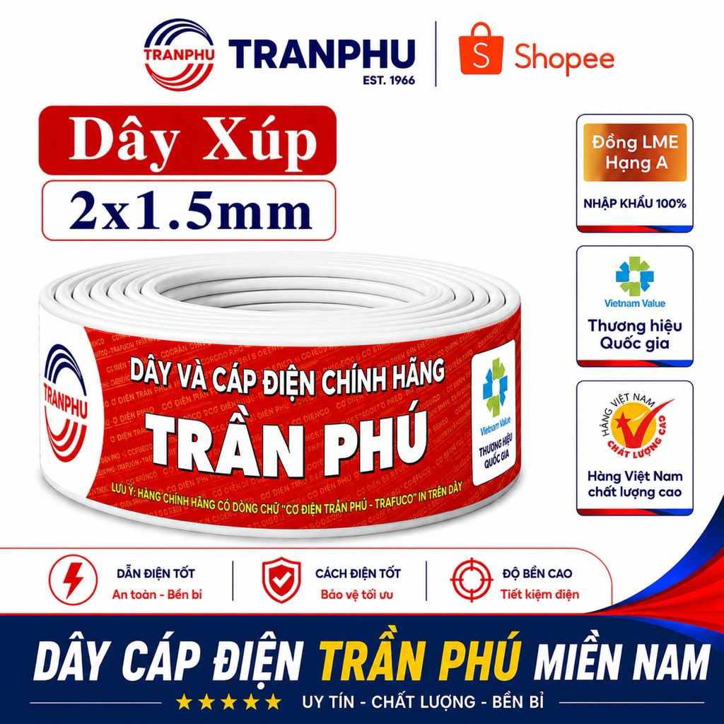 Cuộn 100m Dây Xúp Đôi 2x1.5 Trần Phú Chính Hãng Trafuco