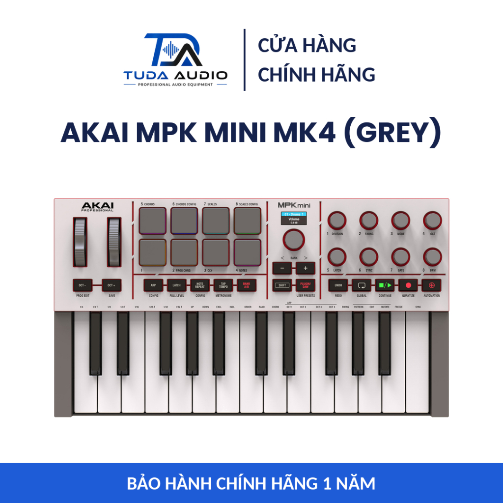 AKAI MPK Mini MK4 (GREY) - MIDI Controller 25 Phím, 8 Pad RGB MPC, USB-C - Chính Hãng BH 12T