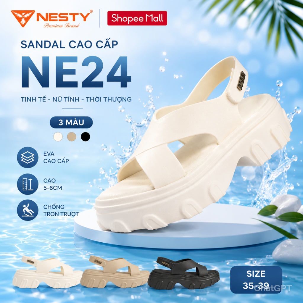 [NE24] DÉP SANDAL ĐẾ CAO QUAI CHÉO CAO CẤP NHÃN HIỆU NESTY