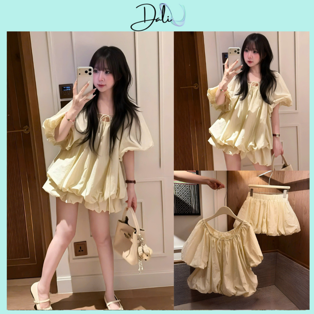 Set Váy Áo Dáng Bí Phồng Thắt Dây Nơ Cổ Chất Liệu Thô Gió Nhăn Màu Be | BigBuy360 - bigbuy360.vn