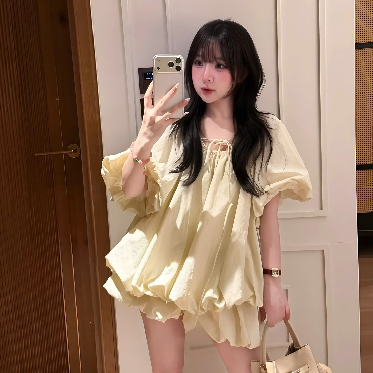 Set Váy Áo Dáng Bí Phồng Thắt Dây Nơ Cổ Chất Liệu Thô Gió Nhăn Màu Be | BigBuy360 - bigbuy360.vn