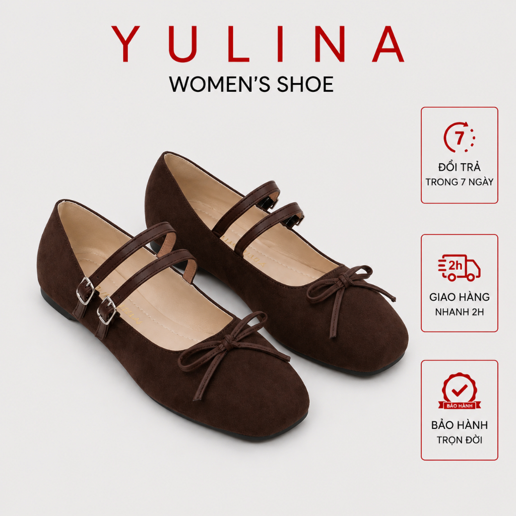Giày Búp Bê 𝙔𝙐𝙇𝙄𝙉𝘼 Mũi Vuông Lót Bạc Chần Chỉ Quả Trám Phối Quai Ngang Và Nơ Nhỏ Xinh Xắn tiểu thư sang chảnh- C96