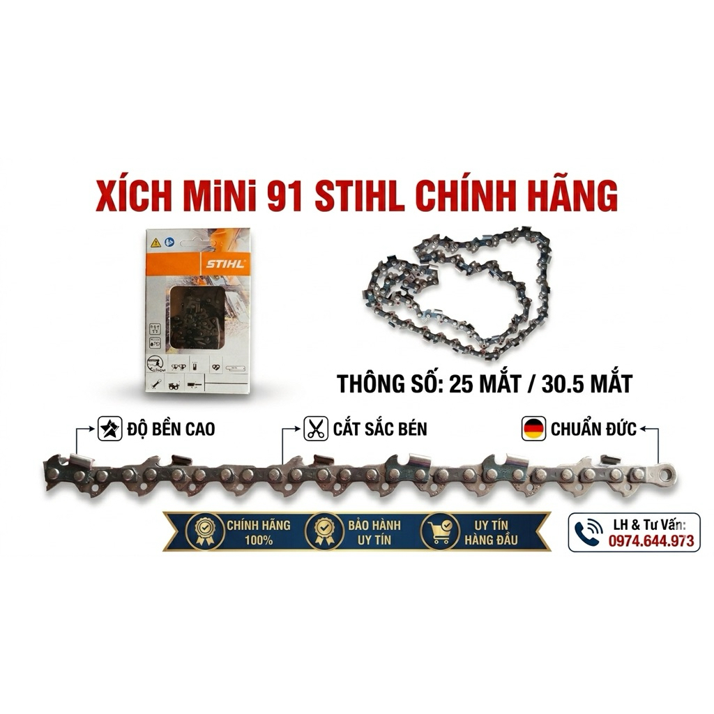 [CHÍNH HÃNG] Xích Máy Cưa Stihl Mini 91 - Mã 3636 000 0061 - Sắc Bén, Bền Bỉ, Nhiều Kích Thước